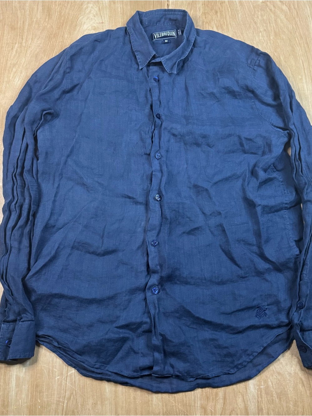 Vilebrequin Mens Blue Solid Long Sleeve Ramie Button Down Shirt Size M